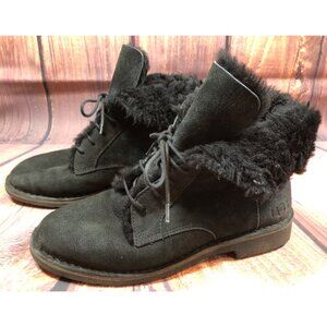 UGG Quincy Shearling Black Leather Ankle Boot Lace Up Womens 9/40 (z7j)